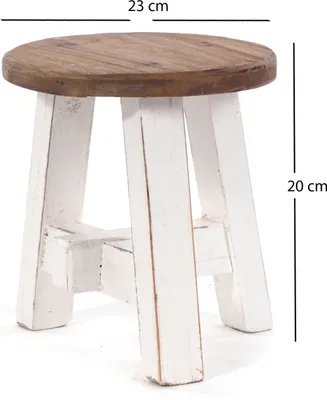 A small, round wooden stool with a distressed white base and a natural wood top, shown against a white background with dimensions indicated.
