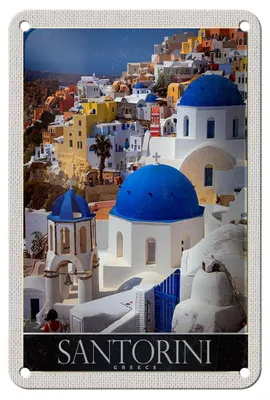 Produktbild von Blechschild 12x18cm Santorini Griechenland Häuser weiss blau Reiseschild