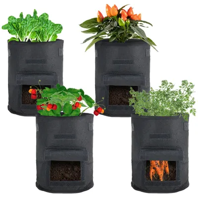 Produktbild von XL-Pflanzen-Wachstumssäcke, 4er-Set, mit Tragegriffen und Sichtfenster, je 38 l, wasserdurchlässig, Vliestopf für Kartoffeln, Zwiebeln, Karotten u.v.m
