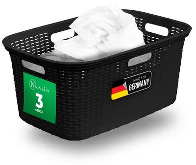Produktbild von Novaliv 3er-Pack Rattan Wäschekorb mit 4 Griffen 40L Schwarz, Wäschebox Set Wäscheeimer Wäschebehälter für Bad Wäsche Schmutzwäsche, Wäschekörbe Haushalt Zubehör Wäschetonne Sammler