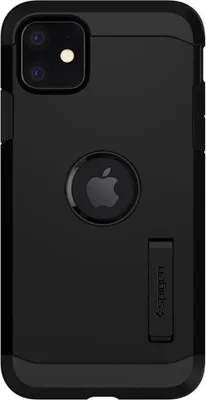 A black iPhone 11 case with a kickstand.