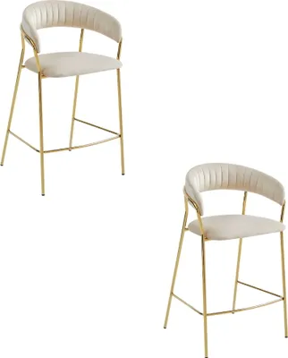 Image de Tabouret De Bar - Leobert - Badia - Velours Beige/Pieds Dorés - Lot De 2