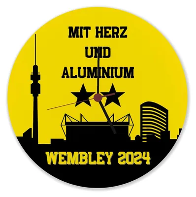 Produktbild von Dortmund Finale Wembley 2024 Wanduhr aus Alu mit Spruch Mit Herz und Aluminium