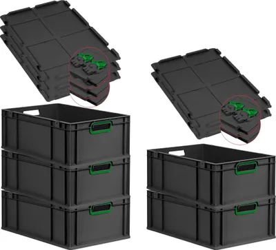Produktbild von SuperSparSet 5x Eurobox NextGen Color mit Scharnierdeckel und Schiebeschnappverschlüssen | HxBxT 22x40x60cm | 44 Liter | Schwarz | Griffe grün offen | Verstärkter Boden | Eurobehälter, Transportbox, Transportbehälter, Stapelbehälter