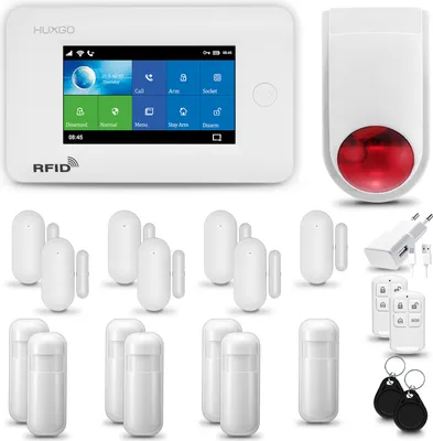 Produktbild von HUXGO HXA006 Alarmanlage Haus WiFi + GSM 2G mit Funk Sirene, Alarm System mit 7x Bewegungssensor und 7x Tür- Fenstersensor, Alarmanlage für Wohnung, Haus, Garage, Tuya Smartlife App