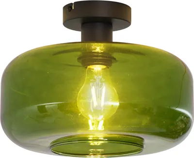 A close-up view of a green glass ceiling light with a black base and a visible light bulb.