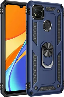 A blue protective phone case with a ring holder is shown next to a smartphone.