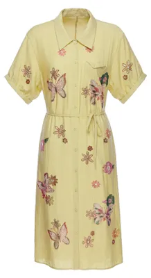 Produktbild von Damen Midi Kleid gelb Größe M mit Schmetterlingsmuster und Knopfleiste