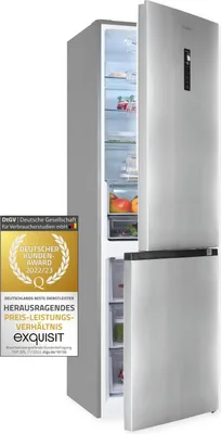 A silver refrigerator with its door open, displaying food items inside. A marketing award badge is attached to the left side of the refrigerator.
