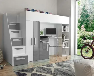 Produktbild von Hochbett Etagenbett mit Schreibtisch Schrank Regal und Treppe PARIS 4 hochglanz weiß-grau