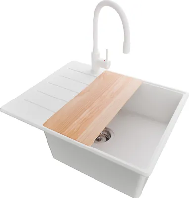 Produktbild von PRIMAGRAN Granitspüle Weiß 62x50cm, Spülbecken 1 Becken + Küchenarmatur 38x14cm + Ablauf-Set + Schneidebrett, Küchenspüle ab 50er Unterschrank - Kopenhagen