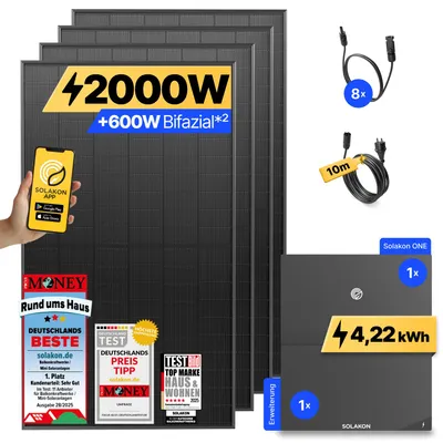 Produktbild von 2000W Balkonkraftwerk mit Speicher + Erweiterung Solakon ONE (4,22 kWh) Solaranlage Steckerfertig WIFI Komplettset Photovoltaik Anlage, Kabel: 10m