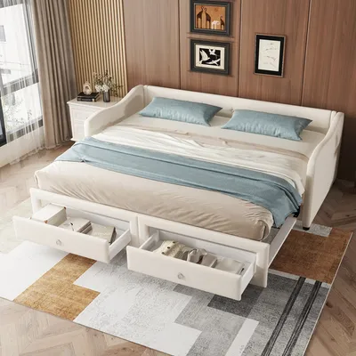 A minimalist daybed with two drawers pulled out, showcasing storage, in a bedroom setting with decorative wall art and a rug.