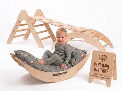 Produktbild von WoodsCraft - Handmade 5in1 Montessori Kletterset aus Holz: Kletterdreieck, Kletterbogen mit Kissen & 2in1: Rutsche Indoor/Klettern Rampe