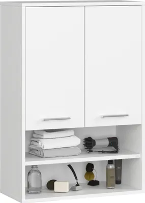 A white bathroom wall cabinet with two doors and open shelves, displaying various bathroom items.