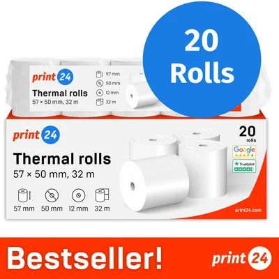 Image de NOUVEAU : rouleaux thermiques print24 / rouleaux de caisse, lot de 20 rouleaux, 57 mm x 50 mm x 12 mm, 32 m, s PEFC, compatibles avec EPSON, IBM et bien d'autres marques.