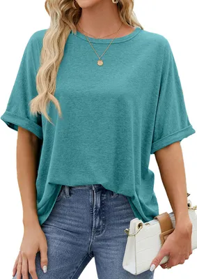 Obrázek produktu pro ASKSA Dámské tričko letní krátký rukáv nadměrné velikosti s kulatým výstřihem Trička Tops Casual Basic Tee Tops, Peacock Blue, vel: M