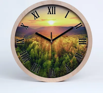 Produktbild von Holzuhr 25fi cm wanduhr - schwarze Spitzen - Wald Sonnenuntergang
