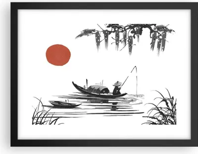 Produktbild von Gerahmtes Poster - Schwarzer Rahmen - China Angler Zeichnen - 40x30 cm - Wand Bild - Wanddeko - Wandbilder - Kunstposter - Wandposter - Bilderrahmen - Bilder - Kunstdruck - Wandbild - P2BAA40x30-4340