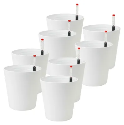 Produktbild von Leni FLORI orchid Orchideentöpfe 8er Komplett-Set Ø 13 cm H 15 cm Weiß mit Übertopf Innentopf Drainagescheibe und Gießanzeiger Kunststoff zum Umtopfen für Orchideen