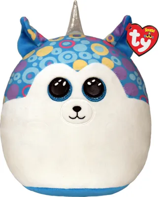 A plush toy unicorn husky with a blue and colorful circle pattern on its head and ears.
