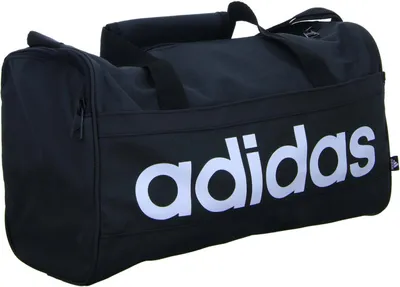 A black Adidas duffel bag with white Adidas logo on a white background.