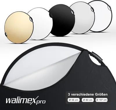 Produktbild von Walimex pro 5-in-1 Faltreflektor Set wavy comfort mit Pop up Funktion Ø 107 cm Wavy-Goldfarben Silberfarben Weiß Schwarz Transparent inkl. Transporttasche
