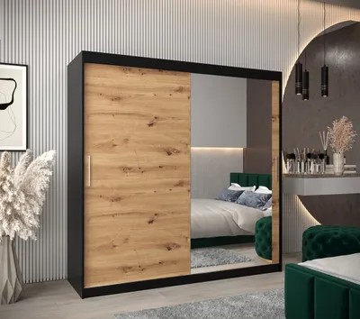 Produktbild von Schwebetürenschrank mit einer Breite von 200 cm TIMEA 2 – Schwarz / Eiche Artisan