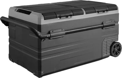 A black and gray portable cooler with wheels and a handle against a white background.