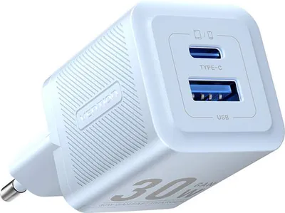 Image de Chargeur secteur, Vention, Feql0-Eu, Usb-C, Usb- A, 30W/30W , Gan (Bleu)