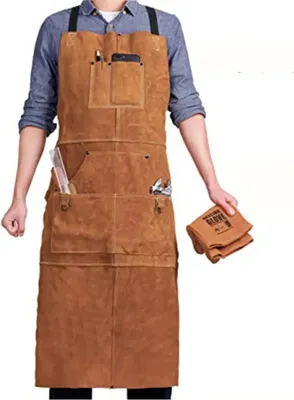 Produktbild von Schweißerschürze aus Segeltuch mit 6 Taschen – Flammhemmende & hitzebeständige Arbeitsschürze aus Rindsleder mit verstellbaren Cross-Back-Gurten
