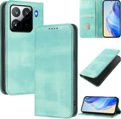 Produktbild von Handyhülle für Xiaomi 15 Pro, Vintage Leder RFID Schutz Kartenfach Standfunktion Magnetische Klapphülle Türkis