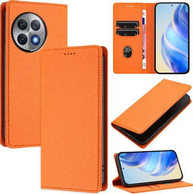 Produktbild von Litchi Leder Handyhülle für OnePlus Ace 2 Pro Wallet Kartenfächer Standfunktion Hülle Orange