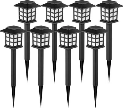 Zdjęcie produktu dla Oświetlenie zewnętrzne na energię słoneczną, zestaw 8 lamp LED na energię słoneczną do użytku na zewnątrz, wodoodporne oświetlenie ścieżek, 10 godzin pracy, odpowiednie do ogrodu, krajobrazu, ścieżek, podwórka, tarasu i podjazdu, światło białe.
