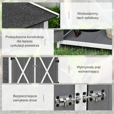 Zdjęcie produktu dla Szopa ogrodowa Outsunny z 2 drzwiami, szafka narzędziowa z dachem asfaltowym, konstrukcja zabezpieczająca przed wysypywaniem, z gwoździami wbitymi w ziemię, drewno jodłowe, szaro-białe, 139 x 75 x 160 cm