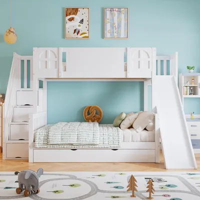 Produktbild von Flieks Etagenbett 90x200cm/120x200cm mit Rutsche, Kinderbett mit Schubladen, Hochbett für 2 Kinder, Stockbett Holzbett mit Stauraumtreppe, Weiß
