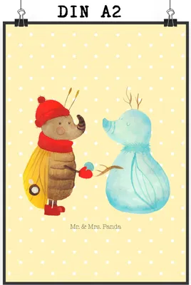 Produktbild von Mr. & Mrs. Panda Bild Nachtfalter Schneemann DIN A2 - Gelb Pastell - Geschenk, Weihnachten, Wandbild, Schnee, Plakat, drucke, wanddeko, Winterzeit, Winter, Kunstdruck