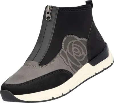 A single black and gray high-top sneaker with a zipper and a rose design is shown against a white background.
