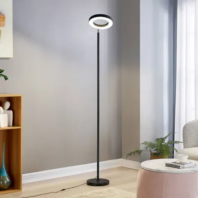 A modern living room with a floor lamp, a shelf unit, and a round ottoman.