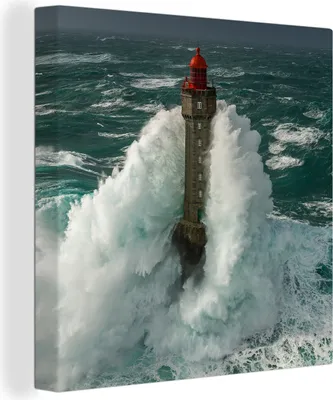 Produktbild von MuchoWow® - Leinwandbilder - Der französische Leuchtturm von La Jument bei starkem Sturm, Wandbild, Wanddeko Bilder Wohnzimmer, 90x90cm