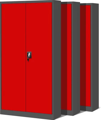 Three red and gray metal cabinets are lined up against a white background.
