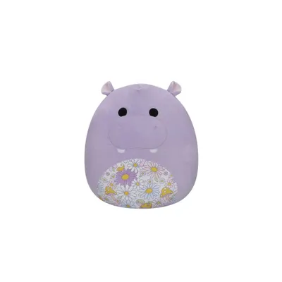 A plush toy hippo with a floral pattern on its belly, isolated on a white background.