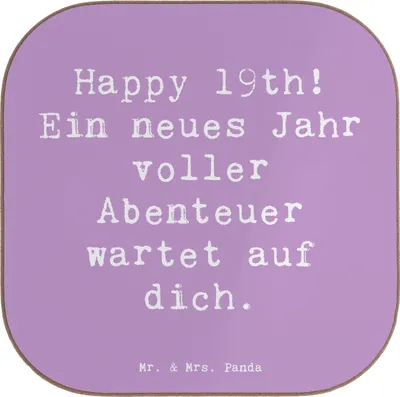Produktbild von Mr. & Mrs. Panda Untersetzer für Gläser Spruch 19. Geburtstag Abenteuer - Lavendeltraum - Geschenk, Tassenuntersetzer, Tischuntersetzer, Holzuntersetzer, Quadratischer