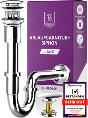Zdjęcie produktu dla M.ROSENFELD HOME Zestaw syfonowy do zlewozmywaka z przelewem rozmiar L - Zawór odpływowy pop-up + zlew z rurą odpływową, syfon do zlewu ze stali nierdzewnej