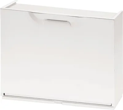 A white shoe cabinet with a handle on the front.