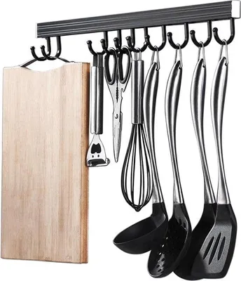 Obrázek produktu pro Hliníkové kuchyňské lišty se 7 pohyblivými háčky, samolepicí, délka 50 cm, organizér do zásuvek, držák do zásuvek, kuchyňský držák v černé barvě