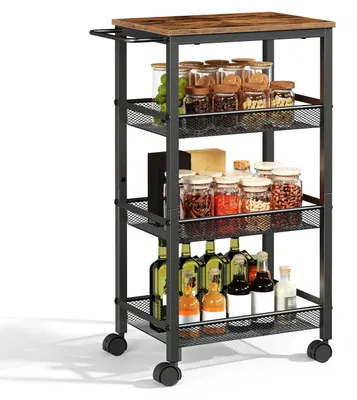 Produktbild von Küchenwagen Servierwagen Rollwagen - Schwarz und Vintage Braun - 4 Ablagen - 40 x 28,5 x 75 cm - Für Küche und Wohnzimmer