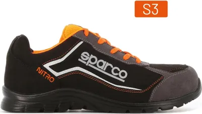 A side view of a black and gray Sparco Nitro safety shoe with orange accents.
