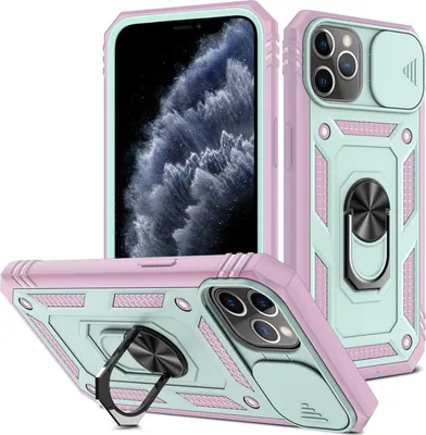 Produktbild von iPhone 11 Pro Hülle, Schiebe Kamera Schutz Robust Rüstung Stoßfest Schutzhülle mit Ringhalterung Ständer Kartenhalter für iPhone 11 Pro Weiß