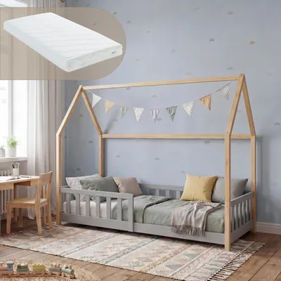 Obrázek produktu pro Dětská postel "Hesel" s matrací a bočními zábranami, rozměry 90 x 200 cm, borovicové dřevo, šedá/přírodní barva